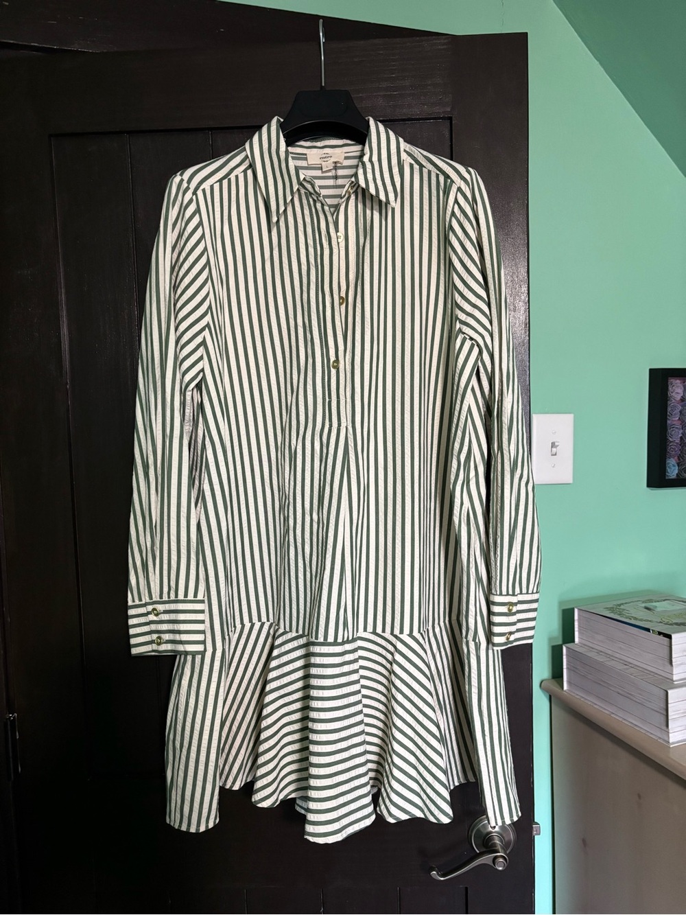 entro Green and White Striped Longline Button-Down Shirt Dress